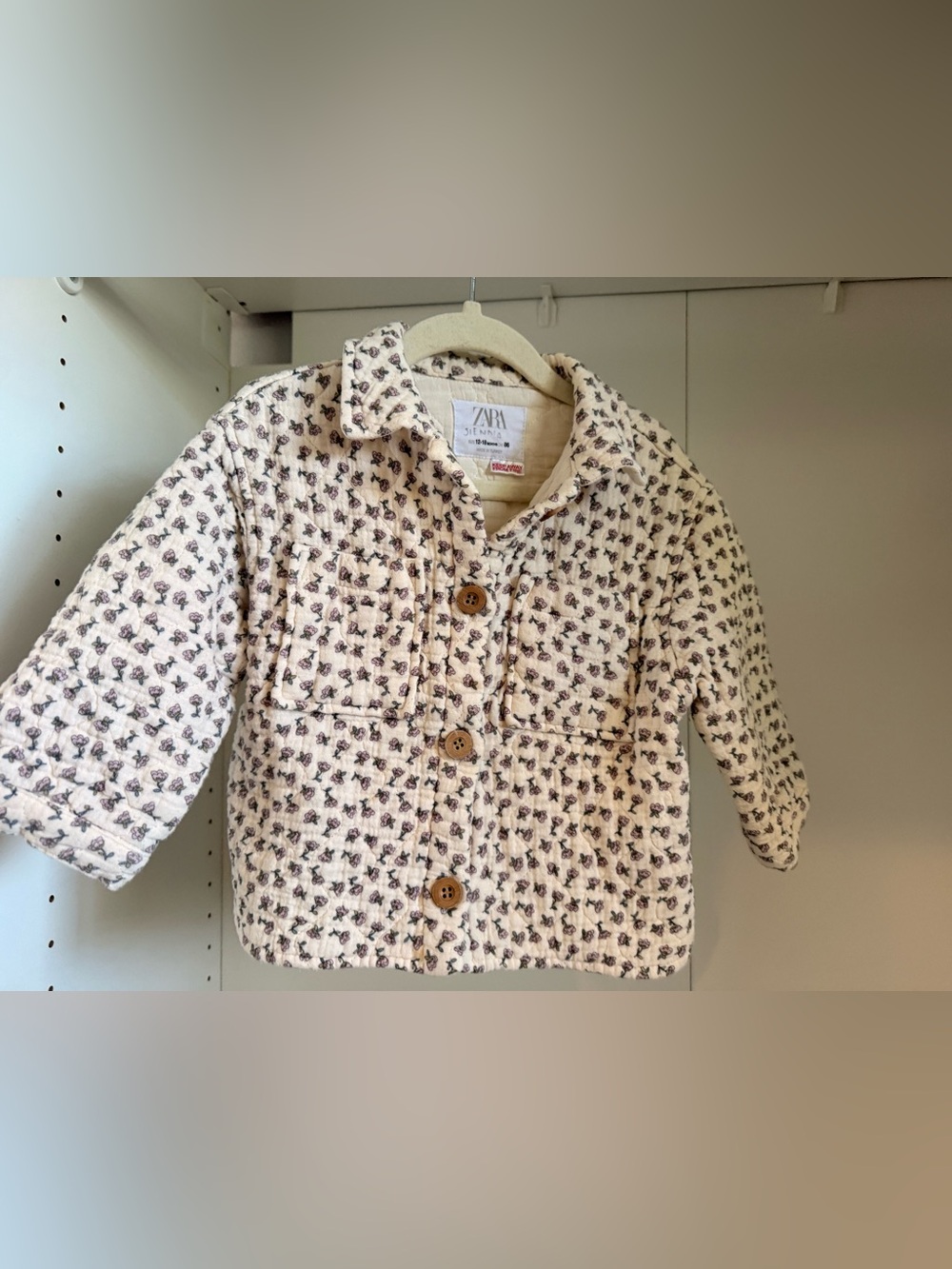 ZARA Cream Quilted Button-Front Kids Shirt with Purple Floral Motif